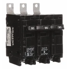 Three-pole miniature circuit breaker rated 90 A at 240V AC, part of the BL Series. Designed for bolt-on mounting in Siemens P1 Panelboards. Provides overcurrent protection with a maximum interrupting rating of 22kA at 240V AC. Suitable for commercial and industrial electrical distribution systems.
