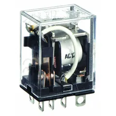 Socket-mounted plug-in relay with square base and flat pins. DPDT contacts rated 10 A at 24V DC resistive load. 12V AC coil, 8 terminals. Suitable for industrial control panels, automation systems, and HVAC equipment.