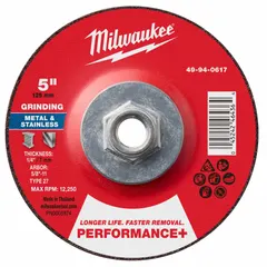 This MILWAUKEE grinding wheel is a Type 27 wheel with dimensions 5" x 1/4" x 5/8"-11, made of zirconia alumina with 24 grit. It is designed for high-performance grinding on carbon and stainless steel, suitable for weld preparation, deburring, and surface blending in metal fabrication and maintenance.