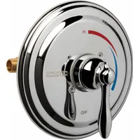 This shower valve trim kit includes a circular brass trim plate with a polished chrome finish. It is designed for use with thermostatic or pressure-balancing tub and shower fittings. The trim covers the valve rough-in, providing a finished appearance in bathroom installations