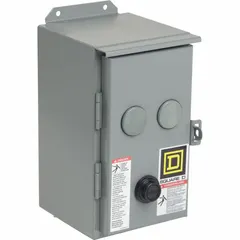 This SQUARE D steel enclosure measures 12 in x 6 in x 9 in and is rated NEMA 12/3R. It features a solid, painted cover with a hinged design and a padlock hasp closure. Knockouts are not included. Typical applications include housing electrical controls, terminals, and instruments in indoor or outdoor environments where protection from dust, falling dirt, and rain is required.