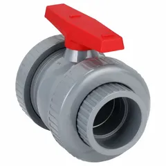 This PVC ball valve features a straight, standard-port design with socket x FNPT connections and lever actuation. It is used for on/off or flow regulation in PVC piping systems, commonly applied in water treatment, chemical processing, and irrigation where corrosion resistance is required.