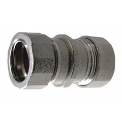 This compression conduit coupling connects two lengths of EMT conduit. Made of 316 stainless steel with a polished finish, it measures 2 3/4 in overall length for 2 in trade size. UL listed.
