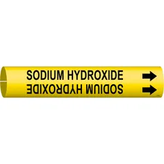 Yellow snap-on pipe marker with black legend reading 'Sodium Hydroxide' and directional arrows. Fits pipe outer diameters from 2-1/2 to 3-7/8 inches. Used to identify pipes carrying sodium hydroxide in industrial facilities, aiding in safety compliance and hazard recognition.