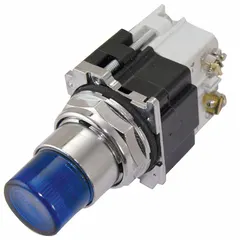 Momentary-action illuminated push button with extended metallic profile for 30 mm mounting. Features one normally closed (1NC) contact. Suitable for machine control, panel signaling, and operator interface in industrial automation and process control environments.