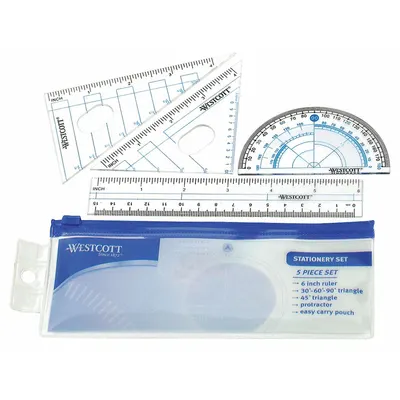 WESTCOTT Math Tool Set: 14550, Gen Purpose, 8 in, 0.06 in Thick, 1/16 in/1 cm, Black - Plastic Rulers