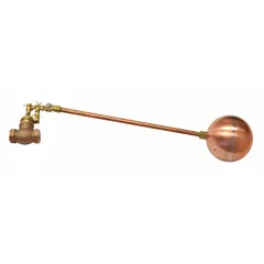 Float valve assembly for automatic water level control in tanks, reservoirs, and cooling towers. Features a straight bronze valve body with adjustable arm, horizontal piping mounting, and includes float and rod. Delivers 30 gpm at 60 psi with 1/4" NPT rod thread and female NPT inlet/outlet connections.