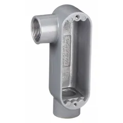 Aluminum LR - 90° elbow type conduit outlet body with 3/4 in trade size, 7 cu in body capacity, and threaded hub. Powder coated finish. Includes stainless steel screws. For use with IMC. Provides a pull point and access for wire pulling in conduit systems, allowing a 90-degree turn with a left-hand outlet.