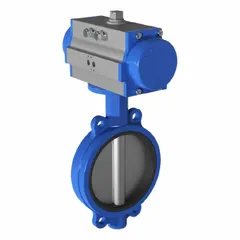 This ductile iron butterfly valve is pneumatically actuated with an air-to-air configuration, designed for general service in HVAC, wastewater, and water media. It does not include a pilot solenoid voltage. Suitable for industrial flow control applications requiring pneumatic actuation.