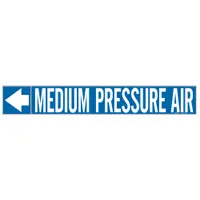 Blue adhesive pipe marker with white legend reading 'Medium Pressure Air' and directional arrows. Designed for pipe outer diameters of 1-1/2 to 2 inches. Each roll contains 25 markers. Used to identify medium-pressure air lines in industrial piping systems