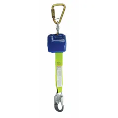 This CONDOR mounted self-retracting lifeline (SRL) features an 8 ft polyester lifeline with a steel carabiner at the anchorage end and a harness steel snap hook. It is ANSI Class A (2014) rated for overhead-only anchoring, suitable for fall arrest applications in industrial and construction settings.