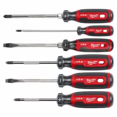 This 6-piece screwdriver set includes Cabinet, Phillips, and Slotted tip types for general fastening tasks. Each driver has an overall length of 7 3/4 inches, suitable for assembly, maintenance, and electrical work.
