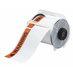White vinyl precut label roll with WARNING header, available in 4 in x 6 1/4 in and 6 1/4 in x 4 in sizes. Acrylic adhesive provides secure bonding. Compatible with GlobalMark 2 printer series. Used for creating warning signs in industrial safety, lockout/tagout, and hazard communication applications.
