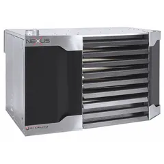 This suspended gas unit heater delivers 300,000 BtuH heating capacity input via a propeller fan. It operates on natural gas with field-convertible combustion and features a 3/4 in NPT male gas connection. Overall dimensions are 27-1/8 in x 54-13/16 in x 42 in. Suitable for heating large commercial and industrial spaces such as warehouses, factories, and workshops.