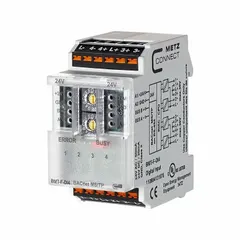 BACnet MS/TP module for DIN rail mounting, requiring 24V AC/DC power. Provides four digital inputs for integration with building automation and HVAC control systems.