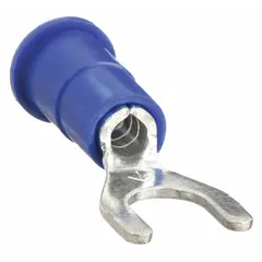 Blue vinyl insulated fork terminal for terminating 16 AWG to 14 AWG wire onto #8 studs. Features a funnel barrel for easy wire insertion. Rated for 1000V. Suitable for use in electrical panels, control cabinets, and industrial machinery.