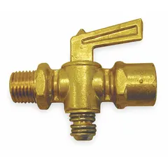 This 2-way inline brass plug valve features a 1/4 in pipe size with male NPT by female NPT connections. It is used for on/off control of fluids in industrial piping systems, suitable for water, air, and oil lines where a compact quarter-turn shut-off valve is required.
