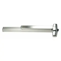 This VON DUPRIN rim exit device is constructed of stainless steel and features a touchbar style for push-pad operation. It includes a thumbpiece pull outside trim and is ADA compliant. Designed for use on commercial doors up to 3 ft wide, it provides code-compliant egress for high-traffic entrances.