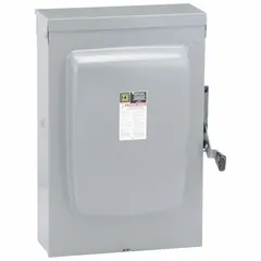 This SQUARE D fusible safety switch is rated for 400 A, three-phase, 240V AC. It features a galvanized steel enclosure suitable for indoor or outdoor installation. Used as a manual disconnect and overcurrent protection for electrical systems.