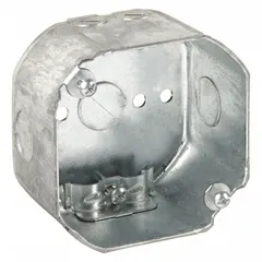 Steel octagon ceiling electrical box with 2-gang capacity and 2-1/8 in depth. Features knockout (KO) clamp style for cable entry. Suitable for ceiling-mounted light fixture support or junction box installations in commercial or industrial settings.