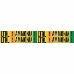 Ammonia adhesive pipe marker for low-pressure liquid lines. Fits pipe O.D. 3/4 to 2-3/8 in. Set of 4 markers without arrows, labeled in English with IIAR abbreviation LTRL and phase LIQ. Used to identify ammonia piping in industrial refrigeration systems.