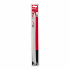 This 12-inch reciprocating saw blade is designed for cutting thin metal, including sheet metal, tubing, and profiles. With 18 teeth per inch and a 0.04-inch thickness, it handles straight cuts and is flexible enough for curved cuts. Sold in a 5-pack.
