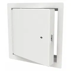 This steel locking access door features a 14-inch square opening with a piano hinge and exposed flange, designed for wall mounting. The 16-gauge frame and powder-coated finish provide a secure, lockable entry point for accessing mechanical, electrical, or plumbing systems in commercial and industrial settings.