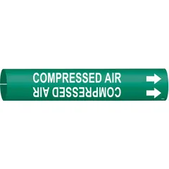 Green pipe marker with white legend reading 'Compressed Air' and directional arrows. Fits pipe outer diameters from 1-1/2 to 2-3/8 inches. Used to identify compressed air lines in piping systems, aiding in compliance with pipe identification standards.