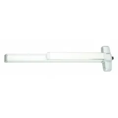 Rim-type exit device with touchbar style, finished in chrome. Designed for doors up to 3 ft wide. ADA compliant. Suitable for commercial egress applications requiring push-pad operation.