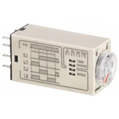 Socket-mounted time delay relay operating at 24V AC with a timing range of 0.1 sec to 10 min. Suitable for industrial control panels requiring adjustable delay intervals for automation and sequencing of motors, conveyors, and process equipment.
