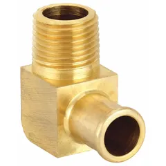 This rigid 90-degree elbow fitting connects 5/8 in hose I.D. to a 1/2 in NPT male thread via a beaded hose barb. Suitable for air, water, and chemical lines in industrial fluid-handling systems.