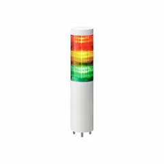 This three-tier tower light assembly provides visual status indication with amber, green, and red tiers. It operates at 24V DC, has no sounder, and uses direct wire connection. The IP67/IP69K ratings make it suitable for harsh environments requiring dust and high-pressure washdown resistance. Typical applications include status signaling on industrial machinery, assembly lines, and automated equipment.