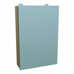 This NEMA 12 steel enclosure measures 30 x 20 x 7 inches and includes a solid hinged cover with a panel. It uses screw closure and has no knockouts. Typical applications include protecting electrical controls and instruments in industrial environments where dust, dirt, and dripping non-corrosive liquids are present.