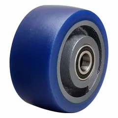 Polyurethane tread on steel core wheel with Ergo-Glide tread shape. Blue wheel/tread color. 4 in diameter, 2 in width, 600 lb load rating. Suitable for industrial carts, dollies, and light manufacturing equipment.