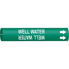 Snap-on pipe marker for identifying well water lines. Green background with white legend text and directional arrows. Fits pipe outer diameter from 2-1/2 to 3-7/8 inches. Single marker included.