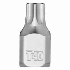 This Torx bit socket features a T40 tip size and a fixed insert design. With a 1/4 in drive size and overall length of 51/64 in, it is used for driving Torx T40 fasteners in assembly, maintenance, and repair tasks.