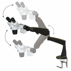 This binocular stereo microscope offers 10X to 20X magnification with a working distance of 88.9 mm. It features an articulating arm stand and a 4 in x 4 in stage, suitable for inspection and assembly tasks in electronics, precision manufacturing, and quality control.