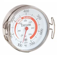 Analog grill thermometer with a 2-inch dial and 1 5/16-inch overall length. Stainless steel case with magnet for attachment to metal surfaces. Accuracy ±10°F. NSF certified for use in commercial food service grills.
