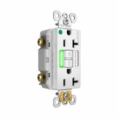 This hospital-grade duplex GFCI receptacle is rated 125V AC and 20A, with a 5-20R configuration in white. It provides ground-fault protection for personnel in commercial and healthcare facilities. Suitable for general-purpose receptacle applications where enhanced safety is required.