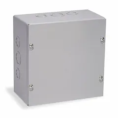 This WIEGMANN steel enclosure is designed for indoor use to house electrical components, providing protection from dust and light impact. It measures 24 x 24 x 4 inches, has a NEMA 1 rating, and features a solid painted cover secured with screws. Knockouts are not included.