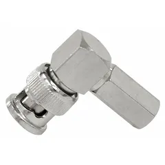 This BNC coaxial connector features a right-angle male design for 90-degree cable routing in tight spaces. The silver body with nickel-plated finish provides corrosion resistance. Twist-on termination allows quick field installation without soldering. Suitable for RF and video signal connections in CCTV, broadcast, and test equipment applications.