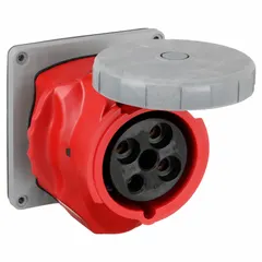 Washdown-rated pin and sleeve receptacle for industrial environments requiring watertight power connections. Rated 480V AC, 100 A, three-phase, 3-pole, 4-wire with IEC grounding. Suitable for applications where equipment must withstand washdown cleaning.