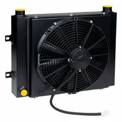 DC motor driven forced air oil cooler for hydraulic and lubrication oil systems. Rated for 12V DC, maximum flow of 100 gpm, and maximum pressure of 300 psi. Suitable for mobile equipment and industrial machinery requiring oil temperature control.