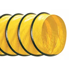 This polyester vinyl laminate duct hose is designed for industrial air movement applications such as ventilation, fume extraction, and dust collection. It features a 20-inch inner diameter, 25-foot length, and operates in temperatures from -20° to 180°F. The hose is constructed of black and yellow PVC, providing flexibility and durability for large-scale HVAC or material handling systems.