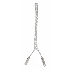 Galvanized steel double-eye cable mesh support for strain relief and secure cable management. Accommodates cable diameters from 0.43 in to 0.56 in with a 4 3/4 in mesh length and 550 lb breaking strength. Suitable for industrial applications such as power distribution, control panels, and machinery installations.