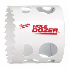 Bi-metal hole saw for cutting wood, metal, and plastic. 2-1/8 in diameter with 3.5 teeth per inch. Maximum cutting depth 1-5/8 in. Arbor not included.