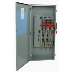 The EATON DH363FRK is a 100 A, three-phase, fusible safety switch rated for 600V AC. Housed in a galvanized steel enclosure, it is suitable for both indoor and outdoor use. This switch provides a means of disconnecting power for maintenance and safety in electrical systems.