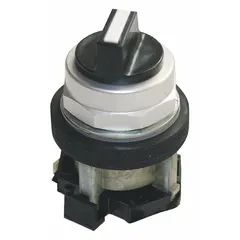 This EATON selector switch from the HT800 series features a 3-position, short-handled knob with a polymer operator head and metallic bezel. It offers maintained/maintained/momentary action with On/Off/On switching functions, rated for AC 10 A @ 600 V and DC 5 A @ 250 V. Suitable for panel-mounting in industrial control applications requiring a momentary start or jog function.