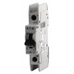This 1-pole miniature circuit breaker features a C-Curve trip characteristic and is UL489 listed for DIN rail mounting. Rated 32 A with a maximum interrupting rating of 10kA at 277/480V AC and 48V DC, it provides overcurrent protection in electrical distribution systems. Screw clamp terminals facilitate secure wiring connections.