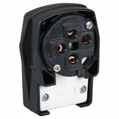 Angled plug rated 60 A, 120/208V AC, 4-pole, 4-blade configuration with black nylon housing. Designed for high-current multi-phase connections in industrial power distribution applications.